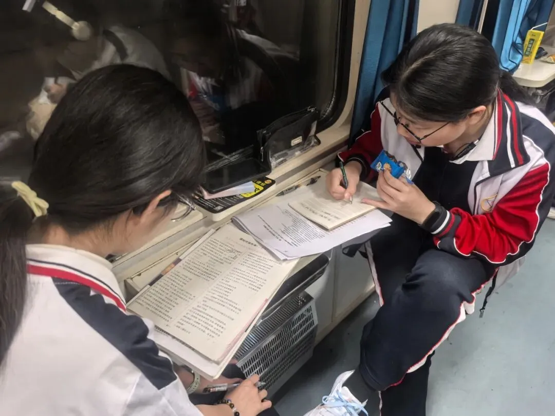 学生们在火车上认真学习