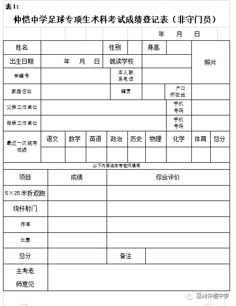 仲恺中学足球专项生术科考试成绩登记表(非守门员)