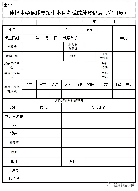 仲恺中学足球专项生术科考试成绩登记表(守门员)