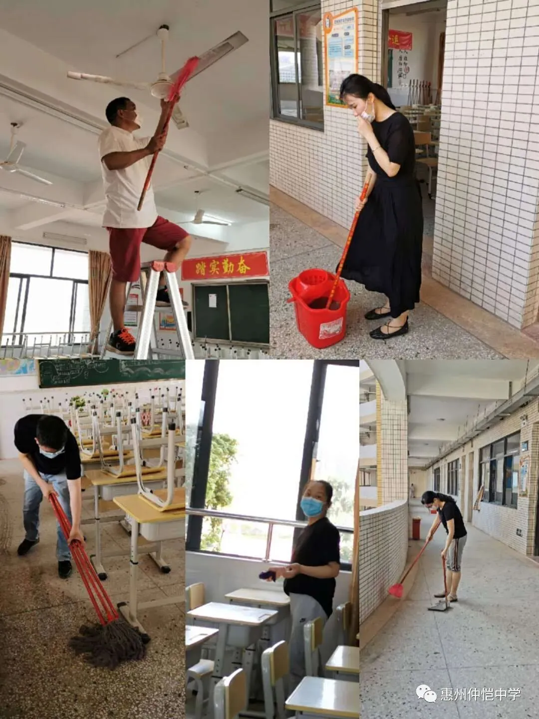 教师们清理校园绿化带